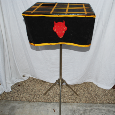 Stunning circa 1910 side table.  Designed to operate a thread gimmick prop!