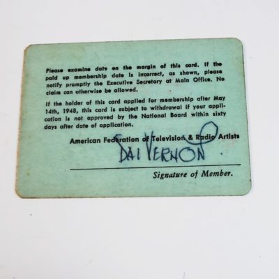 Signed Dai Vernon American Federation of Television and Radio Artists  membership card with a SAM Aide-De-Damp Card issued by Ronald Haines - Image 2
