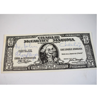 Charlie McCarthy Mazuma Bill signed by Edgar Bergen and "Charlie"
