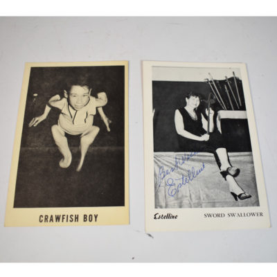 Original Side Show Postcards: Female Sword Swallower Estelline (autographed) and Crab Boy (Hugh Baily)