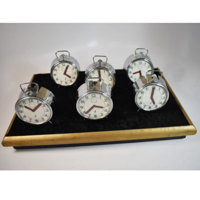 Paul Lembo Ringing Clock Stand with Vintage French made nesting clocks