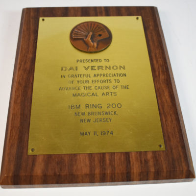 Dai Vernon Award Plaque 1974 from IBM Ring 200 New Brunswick New Jersey