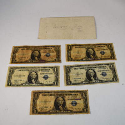 5 real 1935A series Silver Certificate Dollar Bills gimmicked with the same serial number